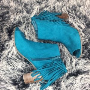 Teal Fringe Open-toe Booties